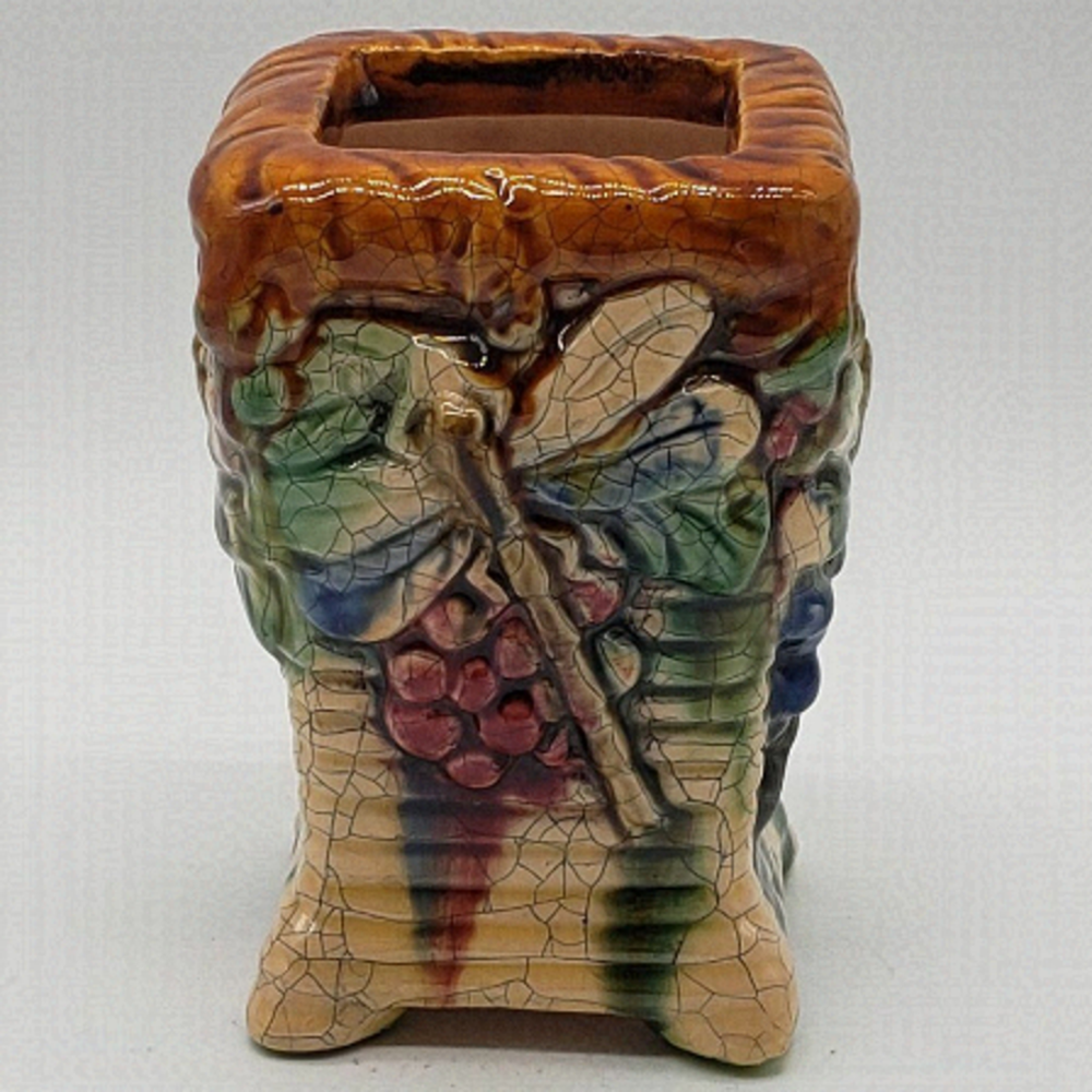 𝅺Ceramic Faux Crackle Colourful Ribbed Embossed Dragonfly Grapes Flared Planter
